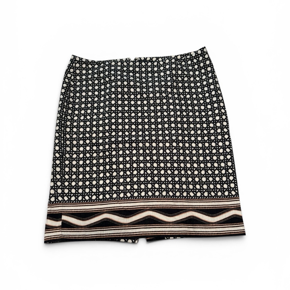 Ann Taylor Black and White Geometric Knit Pencil Skirt with Striped Hem